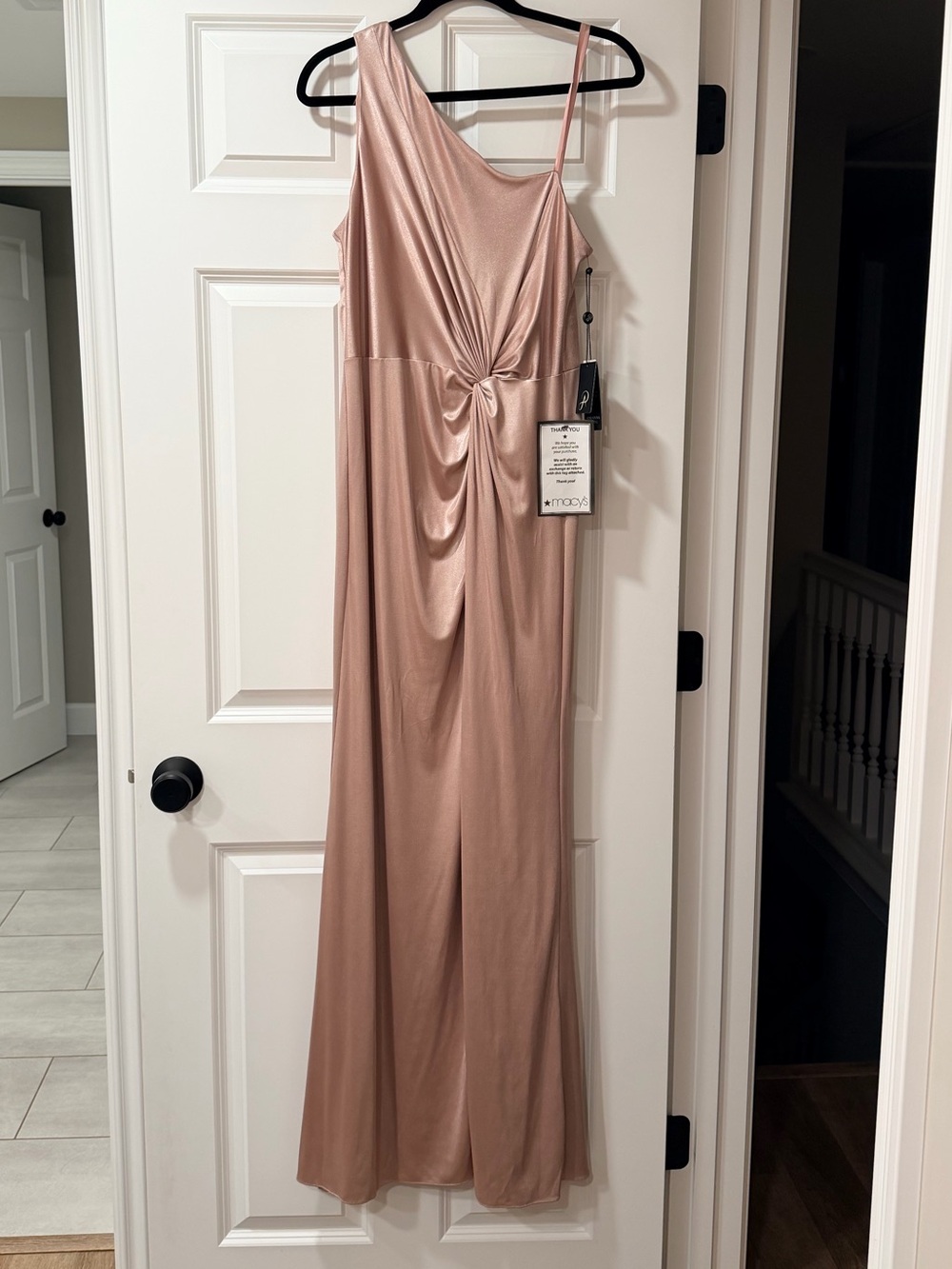 Adrianna Papell Rose Blush Shimmering Satin One-Shoulder Gown
